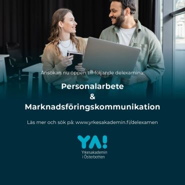 🤗 Ansökan är nu öppen till dessa delexamina:

🔹 Personalarbete är för dig som vill lära dig om bl.a. rekrytering, arbetsmiljö, arbetarskydd och konflikthantering. Studierna i personalarbete sker på distans som handledda självstudier utan schemalagda föreläsningar augusti 2026 till januari 2027.

🔹 Marknadsföringskommunikation är för dig som är intresserad av att lära dig mer om bl.a. marknadsföring i sociala medier, visuellt försäljningsarbete och om hur man skapar grafiska material . Studierna i marknadsföringskommunikation sker på distans som handledda självstudier utan schemalagda föreläsningar augusti till december 2026.

Mer information och ansökan hittar du på:
www.yrkesakademin.fi/delexamen

#yaösterbotten #utbildningenfördig