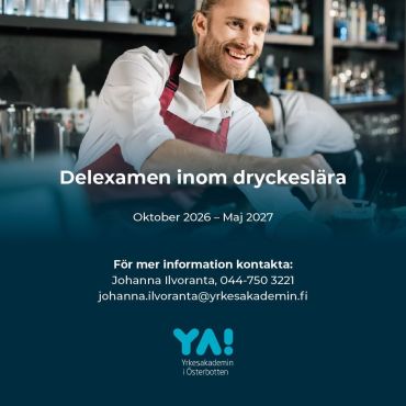 Är du intresserad av att lära dig mer om drycker och att kombinera mat och dryck?

I oktober 2026 startar en delexamen i dryckeslära där vi går igenom grunder om ölstilar, viner och drinkar (både med och utan alkohol) och hur man kombinerar smaker i mat och dryck till en perfekt upplevelse för kunden/gästen. Du får lära dig hur man provar vin och öl samt tekniker när man serverar drycker och dryckesblandningar.

Delexamen baserar sig på examensdelar ur Yrkesexamen i kundservice. Du avlägger yrkesprov i delen: Arbete i bar, 45 kp.

Du kan avlägga delexamen via läroavtal om du jobbar på restaurang. Under studierna har vi några närstudietillfällen vid YA i Vasa och gör studiebesök hos lokala bryggerier, barer samt jobbar med distansuppgifter.

Under utbildningen har du även möjlighet att avlägga serveringspass och uppdatera dina kunskaper gällande lagstiftningen kring servering av alkohol.

👉 Sök senast 5.10.2026 på www.yrkesakademin.fi/dryckeslara

Läs mer på webbsidan, eller kontakta Johanna Ilvoranta per epost: johanna.ilvoranta@yrkesakademin.fi
