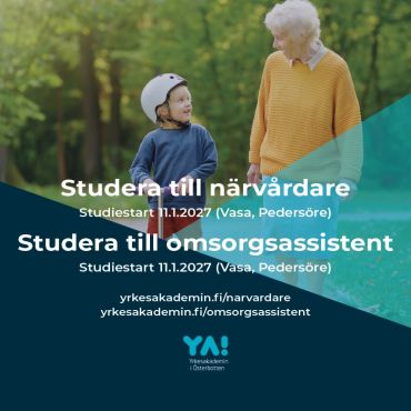 Funderar du på att byta bransch? Eller jobbar du redan inom vården eller på ett daghem, men saknar formell behörighet? Sök nu! Som vuxenstuderande har du goda möjligheter att studera vid sidan av deltidsjobb.
 
En närvårdare har ett omväxlande, människonära och ansvarsfullt arbete. Närvårdarens arbetsfält är brett.
Som omsorgsassistent arbetar du med assisterande vård- och omsorgsuppgifter på serviceboenden och inom äldreomsorgen.
 
Utbildningarna förverkligas som flerformsstudier i nära samarbete med arbetslivet, med närstudier 1-3 dagar per vecka samt utbildningsavtal och/eller läroavtal. Studietiden för närvårdare är i medeltal 2-3 år och för omsorgsassistenter ca 1 år, eller enligt studerandes individuella studieplan.
 
Ansökan samt mera information om utbildningarna finns på www.yrkesakademin.fi/narvardare och www.yrkesakademin.fi/omsorgsassistent
 
För mer information kontakta:
📍Vasa: Jenny Haglund-Sten tel. 044-750 32 79 eller Jenny.Haglund-Sten@yrkesakademin.fi
📍Pedersöre: Birgitta Källberg tel. 044-750 3145 eller birgitta.kallberg@yrkesakademin.fi

#yaösterbotten
