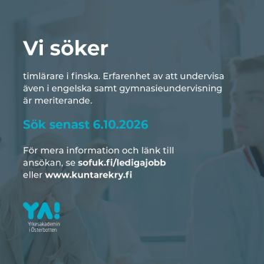 🙋 Är du vår nya lärare i finska?

Vi söker dig med behörighet att undervisa i finska. Har du dessutom erfarenhet av att undervisa även i engelska samt gymnasieundervisning är det meriterande.

Vi värdesätter flexibilitet, samarbetsförmåga samt ett aktivt deltagande i branschens utveckling.

Vi erbjuder en arbetsplats där du får vara dig själv, utvecklas och bidra till något större. Vi är en trygg arbetsgivare med ca. 300 engagerade medarbetare på flera orter i regionen. Tillsammans bidrar vi till ett levande och lärande Österbotten.

Kom och jobba med oss!

Länk till ansökan via Kuntarekry och mer information på: www.sofuk.fi/jobba-hos-oss

#yaösterbotten #ledigajobbiösterbotten