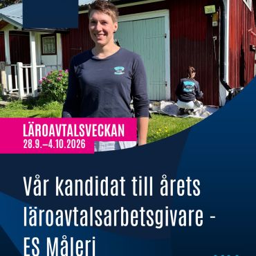Den här veckan uppmärksammar vi läroavtal och de möjligheter som utbildningsformen ger både studerande och arbetsgivare. 

YA har nominerat ES Måleri till Årets läroavtalsarbetsgivare i kategorin för företag med färre än 20 anställda. 🏆 Tävlingen ordnas av OPSO – Suomen Oppisopimusosaajat 
ry/ Läroavtalssakkunniga i Finland rf.

ES Måleri tar gärna emot studerande och satsar på att ge dem möjlighet att lära sig yrket i praktiken:
– Det tar lite mer tid och energi i början, men det ger också tillbaka. Man får möjlighet att forma en framtida medarbetare som lär sig företagets arbetssätt från grunden, säger Emelie.

Läroavtal passar både den som vill börja studera och den som redan har inlett sina studier vid YA. Studierna bygger på praktiskt lärande på arbetsplatsen och kompletteras vid behov med studier på plats eller på nätet.

#yaösterbotten #läroavtalsveckan2026  #oppisopimusviikko2026 #läroavtal #yrkesutbildning
