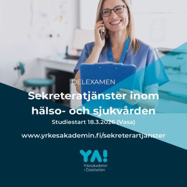 Vill du utvecklas i din yrkesroll som sekreterare inom hälso- och sjukvården? Vill du stärka din kompetens, få fördjupade kunskaper och ökad trygghet i yrkesrollen? 

Då är denna flexibla onlineutbildning något för dig!
 
Sekreterartjänster inom hälso- och sjukvården är en delexamen som du kan studera helt online. 

🔹Utbildningsdagarna är halva dagar och varierar mellan 5-8 tillfällen. Du får även tillgång till digitalt kursmaterial och uppgifter som du genomför när det passar dig. Utbildningstiden är individuell, ca. 6-10 månader.

🔹 För att delta behöver du ha en anställning som sekreterare inom hälso- och sjukvården på minst 25h/v. Ett läroavtal uppgörs mellan dig, din arbetsgivare och skolan.
 
Under utbildningens gång lär du dig om:
• lagar och föreskrifter inom social- och hälsovårdsarbete
• vad det innebär att arbeta etiskt
• olika medicinska termer och redskap
• hur man hanterar patientuppgifter
• intyg och remisser
• datasäkerhet mm.
 
🔹Under utbildningsdagarna online får du fördjupa dig i viktiga ämnen som kommunikation, kundservice, bemötande, självledarskap och välmående i arbetet. Utbildningsdagarna ingår i din arbetstid som sekreterare.
 
🔹Utbildningen startar 18 Mars 2026.

Sök nu på www.yrkesakademin.fi/sekreterartjanster

#yaösterbotten