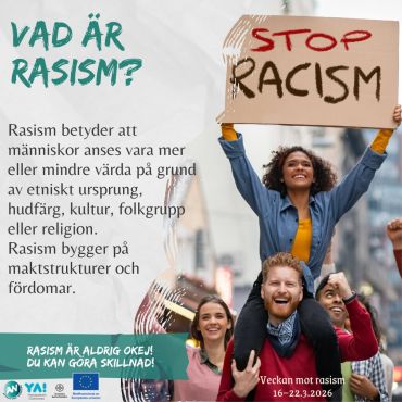 Denna vecka uppmärksammar vi på YA igen den nationella Veckan mot rasism. Temat för årets kampanj är trygghet. Genom att ingripa mot rasism kan vi skapa tryggare gemenskaper för alla. En tryggare skola. En tryggare arbetsplats. Ett tryggare samhälle.

Tillsammans behöver vi förstå vad rasism är, se den i vår vardag och agera för att förebygga och stöda de som utsätts för rasism. Även små saker kan ha stor inverkan. Även du gör skillnad! 

#veckanmotrasism2026 #antirasism #likabehandling #tryggaskolor #mångfaldtillsammans