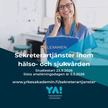 Vill du utvecklas i din yrkesroll som sekreterare inom hälso- och sjukvården? Vill du stärka din kompetens, få fördjupade kunskaper och ökad trygghet i yrkesrollen? Då är denna flexibla onlineutbildning något för dig!

Sekreterartjänster inom hälso- och sjukvården är en delexamen som du kan studera online. Utbildningsdagarna online är halva dagar och varierar mellan 5-8 tillfällen. Du får även tillgång till digitalt kursmaterial och uppgifter som du genomför när det passar dig. Utbildningstiden är individuell, ca. 6-10 månader. För att delta behöver du ha en anställning som sekreterare inom hälso- och sjukvården på minst 25h/v. Ett läroavtal uppgörs mellan dig, din arbetsgivare och skolan.
 
Under utbildningens gång lär du dig om:
• lagar som styr inom social- och hälsovårdsarbetet
• olika föreskrifter
• vad det innebär att arbeta etiskt
• olika medicinska termer och redskap
• hur man hanterar patientuppgifterna
• intyg och remisser
• datasäkerhet mm.
 
Under utbildningsdagarna online får du fördjupa dig i viktiga ämnen som kommunikation, kundservice, bemötande, självledarskap och välmående i arbetet. Utbildningsdagarna ingår i din arbetstid som sekreterare.
 
Utbildningen startar 23.9 2026
Mer information och ansökan senast den 5.5  på www.yrkesakademin.fi/sekreterartjanster
 
 #yaösterbotten #utbildningenfördig