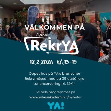 🤗 Välkomna på OpenRekrYA - rekrymässa och öppet hus vid YA i Närpes torsdag 12.2.2026 kl 13-19!

Företag och arbetsgivare berättar om jobbmöjligheter och utbildningsanordnare informerar om möjligheter till vidarestudier. Under mässan kan man även bekanta sig med utbildningar vid YA.

Program i auditoriet:
13.00-13.30 Redo för arbetslivet?! -Nina Ingves, Hanken
14.00-14.30 Soffsamtal om studier och arbetsliv med tidigare YA studerande
18.00 Info om studier på YA och Närpes Gymnasium, kombistudier och internatet
18.30 Eftersnack och LIVE-musik med Casper Byggnings

Under mässan kan du även ta del av CV-klinik och träna på arbetsintervjuer. 
 
Lunch serveras kl. 12-14:
Pulled Pork, klyftpotatis, sallad, efterrätt - 11 euro
Salt och sött finns även att köpas under mässans gång.

Se alla utställare samt alla aktiviteter som är på gång vid utbildningarna på www.yrkesakademin.fi/nyheter

Evenemanget samt programmet i auditoriet är öppet för allmänheten under hela mässan. 

#openrekrya26 #hittadrömyrket