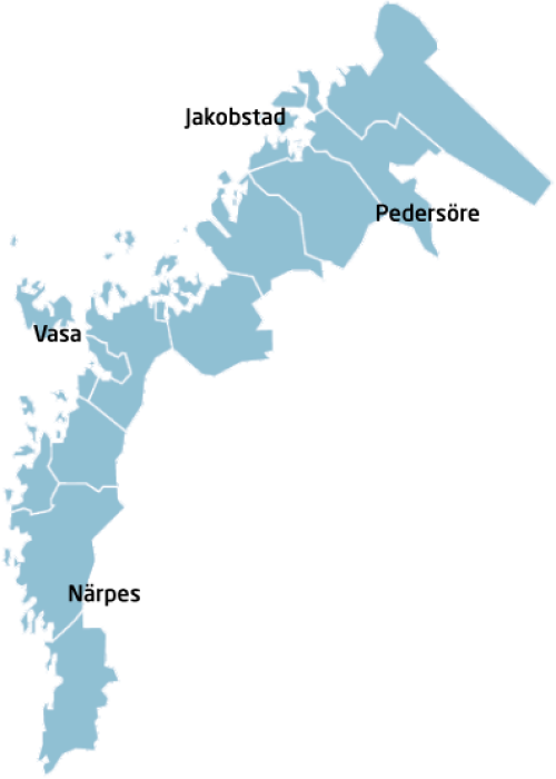 Karta över österbottniska kustkommunerna utmärkta områden där enhetens utbildningar är respektive listade