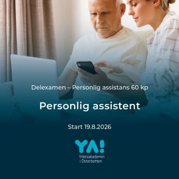 Att arbeta som personlig assistent är ett givande och människonära arbete, där du kan hjälpa en annan människa att leva ett mera aktivt och självständigt liv.

Nu har du som redan jobbar som personlig assistent eller kanske funderar på det möjlighet att stärka ditt kunnande och dina färdigheter i att assistera en klient i olika situationer.

Examensdelen Personlig assistans är en fristående examensdel, som ingår i Yrkesexamen inom funktionshinderområdet. 
Examensdelen kan avläggas som kompetenshöjande utbildning.  Utbildningen ordnas som distansundervisning via Teams 2 dagar per månad samt i nära samarbete med arbetslivet. Examensdelen startar 19.8.2026 och avslutas enligt plan med ett yrkesprov i december 2026.
 
Info och ansökan https://www.yrkesakademin.fi/utbildning/item/personlig-assistans-60-kp
 
Kontaktperson och utbildare:
Ulrica Krook, 044-750 32 43, ulrica.krook@yrkesakademin.fi

#yaösterbotten #utbildningenfördig
