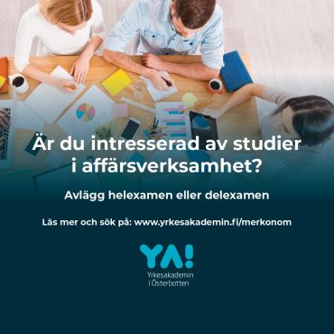 Är du intresserad av studier i affärsverksamhet?
Avlägg helexamen eller delexamen på merkonomlinjen på YA!

Ny grupp i grundexamen i affärsverksamhet, merkonom, startar i januari 2027. Studierna genomförs på distans och beräknas ta ca två år. Du kan välja mellan studier inom ekonomiförvaltning, marknadsföring och handel.

Vill du avlägga endast en delexamen på distans?

Våren 2027 erbjuder vi följande:
🤝Att utveckla en kundupplevelse 15 kp, 7.1-31.3.2027
🗓️Periodisering 15 kp, 7.1-26.2.2027
💶 Fakturering och försäljningsreskontra 15 kp, 8.3-30.4.2027
📣 Marknadsföringskommunikation 30 kp, 7.1-31.5.2027
🙋Personalarbete 30 kp, 7.1-31.5.2027

Ansökningstid 1.9-15.11.2026 eller tills platserna är fyllda.

Ta kontakt för mera info!

Cecilia Jakobsson
cecilia.jakobsson@yrkesakademin.fi
050 40 88 347

www.yrkesakademin.fi/merkonom